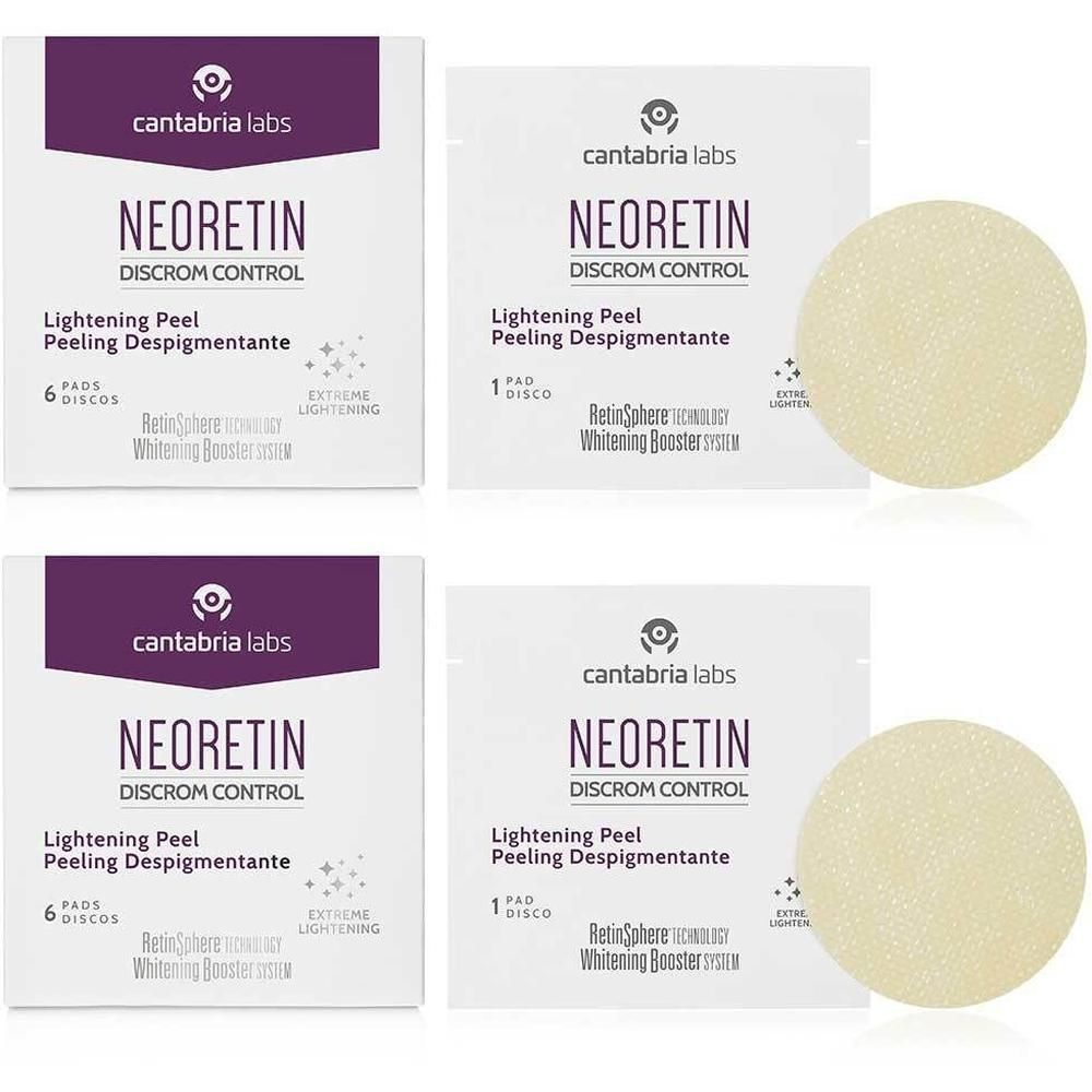 Verpackungen mit NEORETIN Discrom Control Lightening Peel Pads. Einzelne Pads und Packungen mit 1 oder 6 Pads.