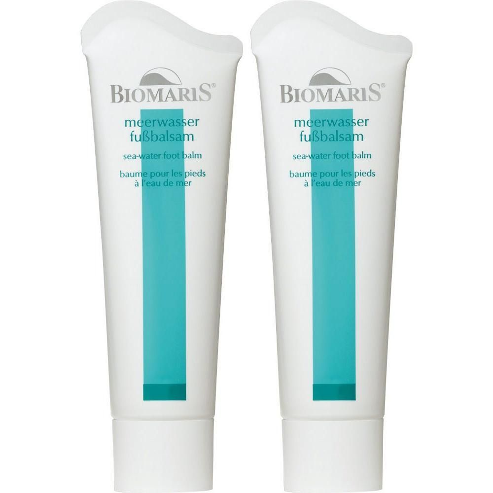 Zwei Tuben Fußbalsam. Weiße Tuben mit blauem Streifen und Produktbezeichnung. BIOMARIS-Logo.