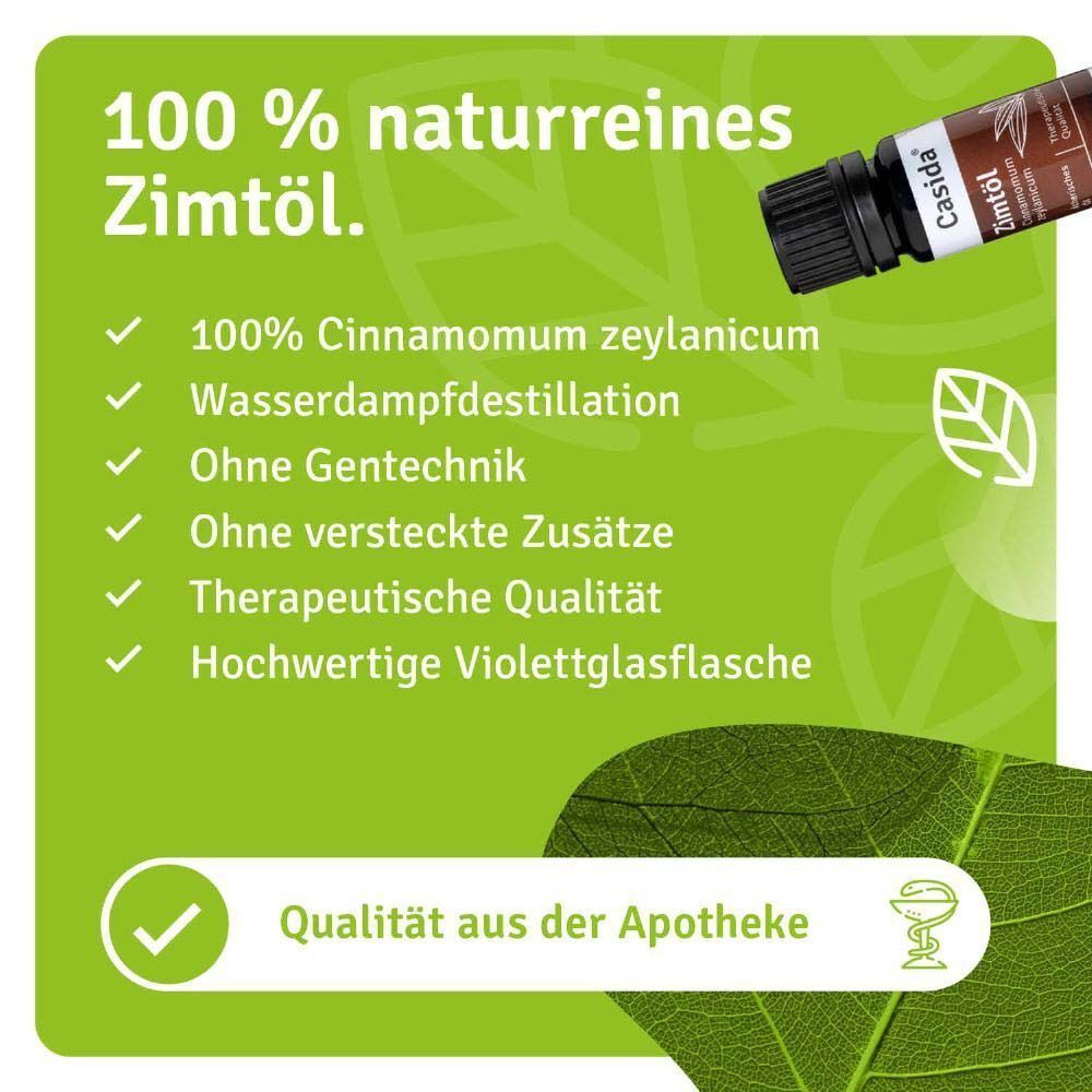 Eine Flasche Casida Zimtöl. Text mit Informationen über 100% naturreines Zimtöl, therapeutische Qualität und violette Glasflasche.
