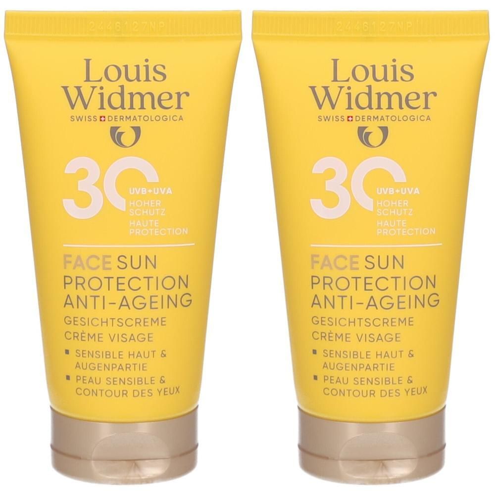 Zwei gelbe Tuben. Aufschrift: Louis Widmer, 30, Face Sun Protection Anti-Ageing. Für sensible Haut und Augenpartie.