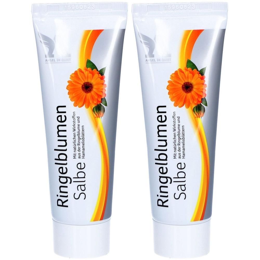 Zwei Tuben Ringelblumen Salbe. Weiße Tuben mit orangefarbenem Design und Ringelblumen-Illustration. Text: Ringelblumen Salbe.