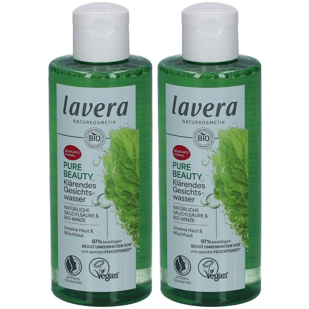 Zwei grüne Flaschen mit weißem Deckel. Aufschrift: lavera, Pure Beauty Klärendes Gesichtswasser. Bio-Siegel und Vegan-Logo.