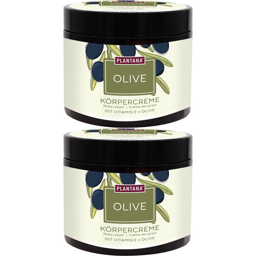 Zwei Tiegel Körpercreme mit schwarzem Deckel. Aufschrift: PLANTANA OLIVE KÖRPERCREME. Mit Oliven-Illustration.