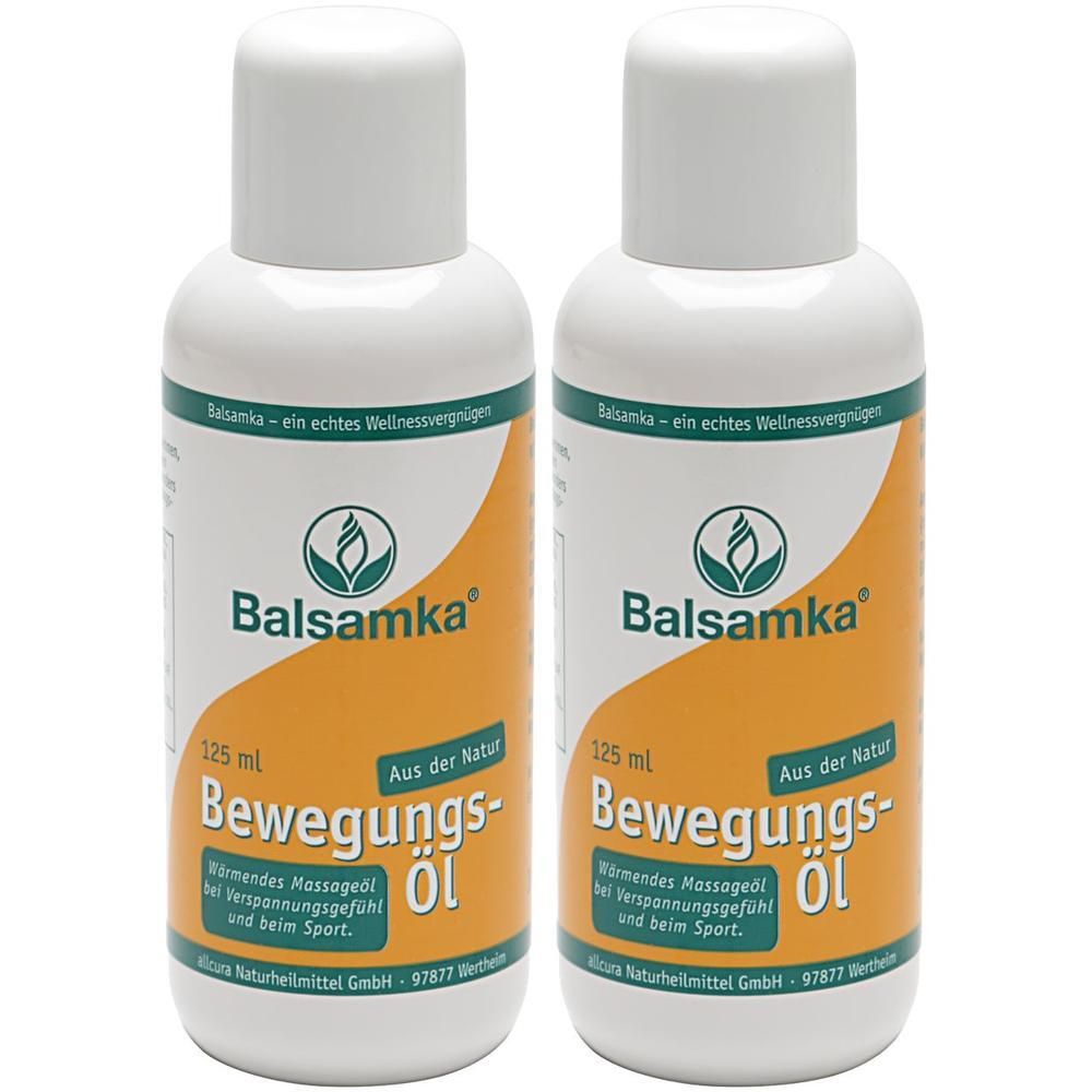 Zwei weiße Flaschen mit Balsamka Bewegungs-Öl Etikett. Weißer Deckel, grünes Logo. Text: Bewegungs-Öl, 125 ml.