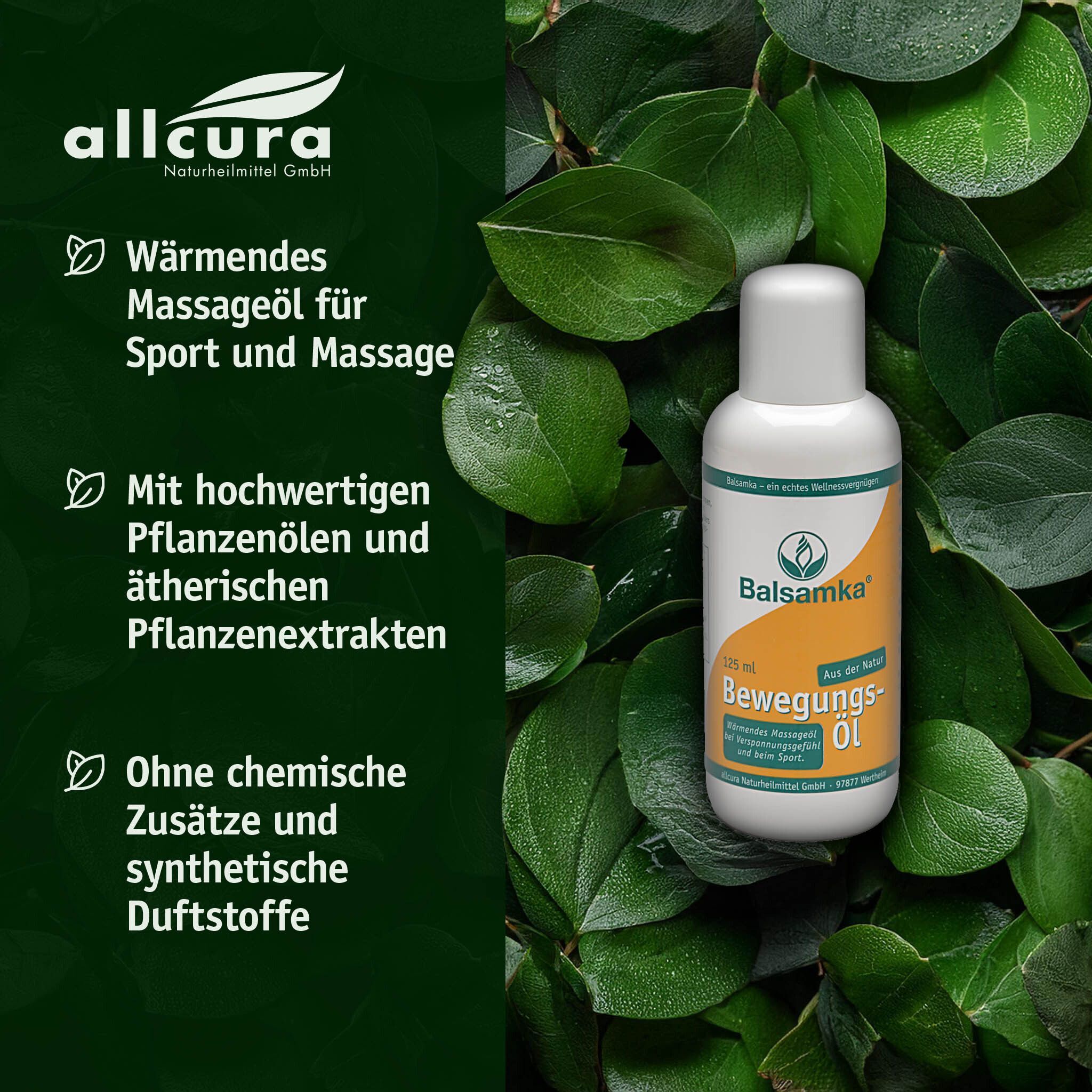 Weiße Flasche Balsamka Bewegungs-Öl vor grünem Hintergrund. Text: Bewegungs-Öl, 125 ml. Allcura Logo und Text.