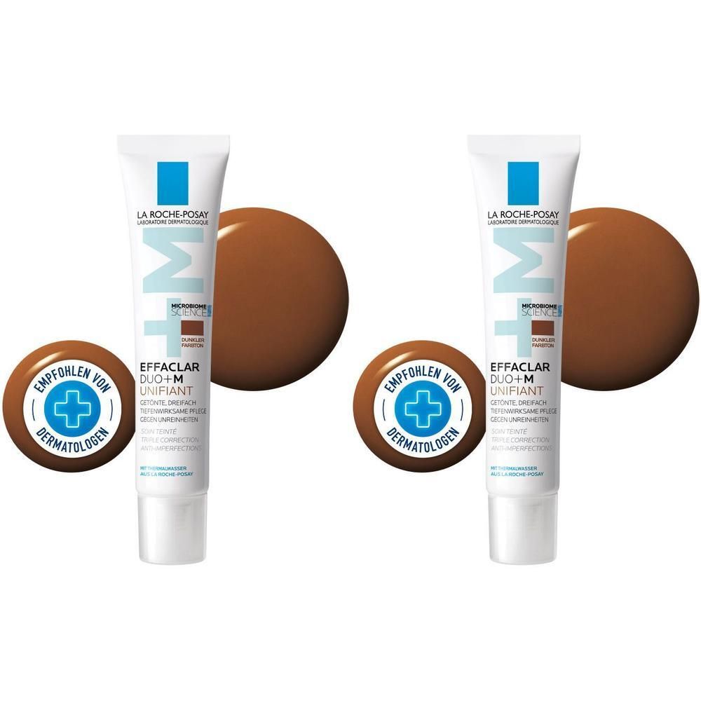 Zwei Tuben La Roche-Posay Effaclar DUO+ M getönt dunkel mit braunen Farbtupfern und Dermatologen-Logo.