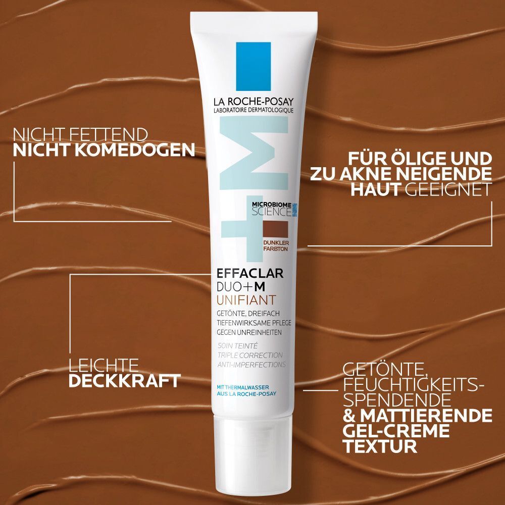 La Roche-Posay Effaclar DUO+ M getönt dunkel Tube mit Text: Nicht fettend, nicht komedogen, für ölige Haut geeignet.