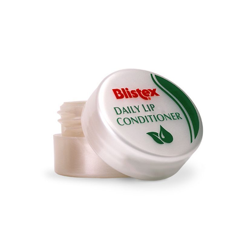 Geöffnete, runde Dose "Blistex Daily Lip Conditioner". Weißer Behälter, grünes Deckel-Design. Produktname sichtbar.