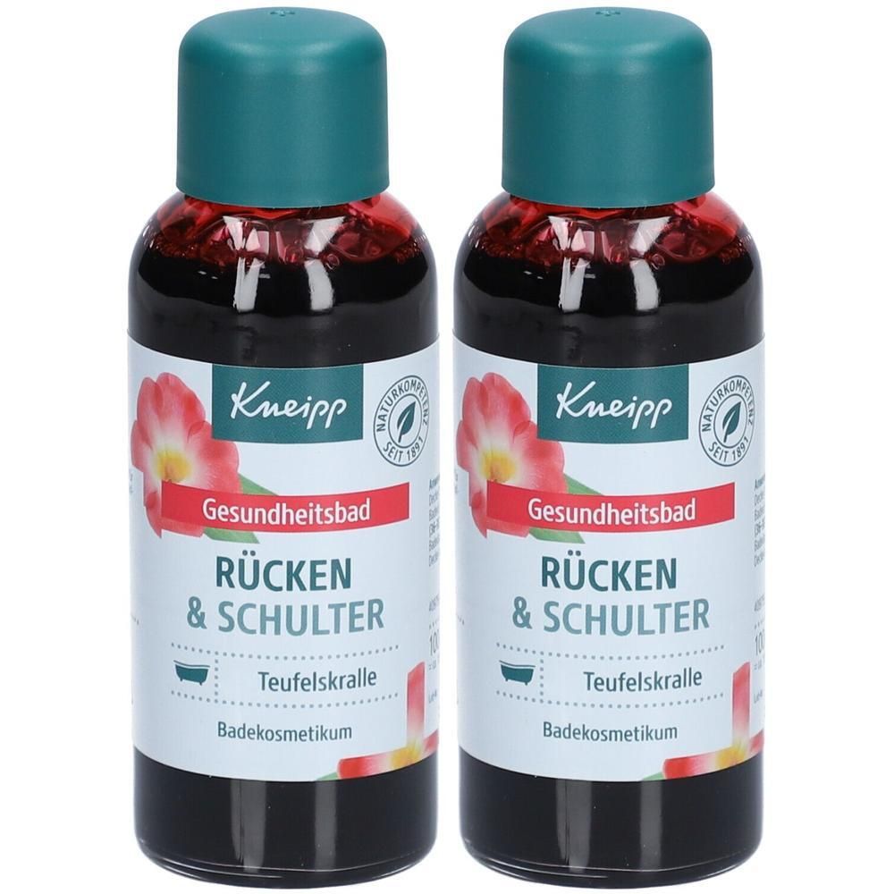 Zwei Flaschen mit grünen Deckeln. Auf den Etiketten steht "Kneipp Gesundheitsbad Rücken & Schulter".