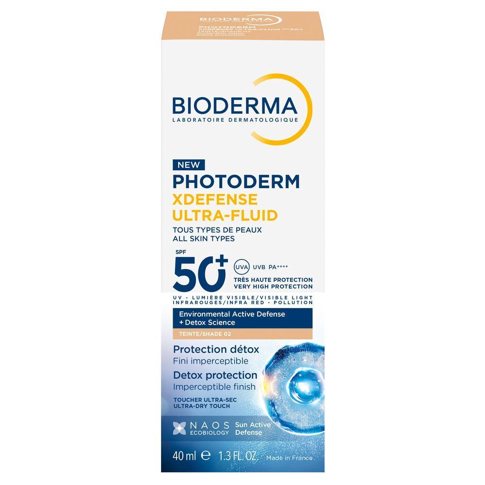 Weiße Verpackung mit Aufschrift: BIODERMA, Photoderm Xdefense Ultra-Fluid, LSF 50+. 40 ml.