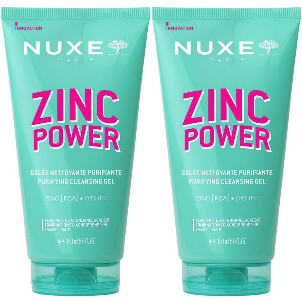 Zwei Tuben Reinigungsgel. Türkisgrüne Tuben mit rosa Schriftzug ZINC POWER und NUXE Logo. Text: Gelee Nettoyante Purifiante.