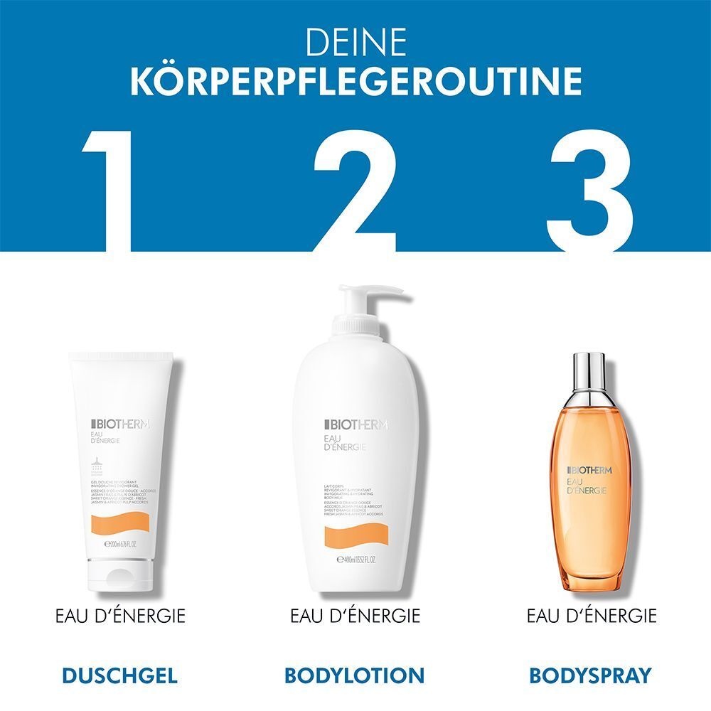 Körperpflege-Routine: BIOTHERM Eau d'Energie Duschgel, Bodylotion und Bodyspray. Produkte in weiß und orange. Text: Eau d'Energie, Duschgel, Bodylotion, Bodyspray.