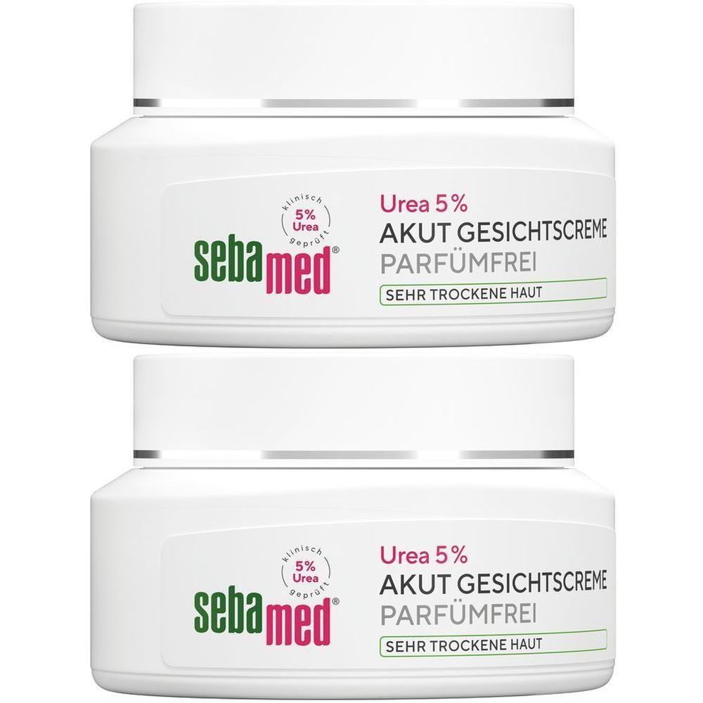 Zwei Tiegel SEBAMED Akut Gesichtscreme Urea 5% parfümfrei. Weiße Tiegel mit roter und grüner Beschriftung. Aufschrift: SEBAMED.