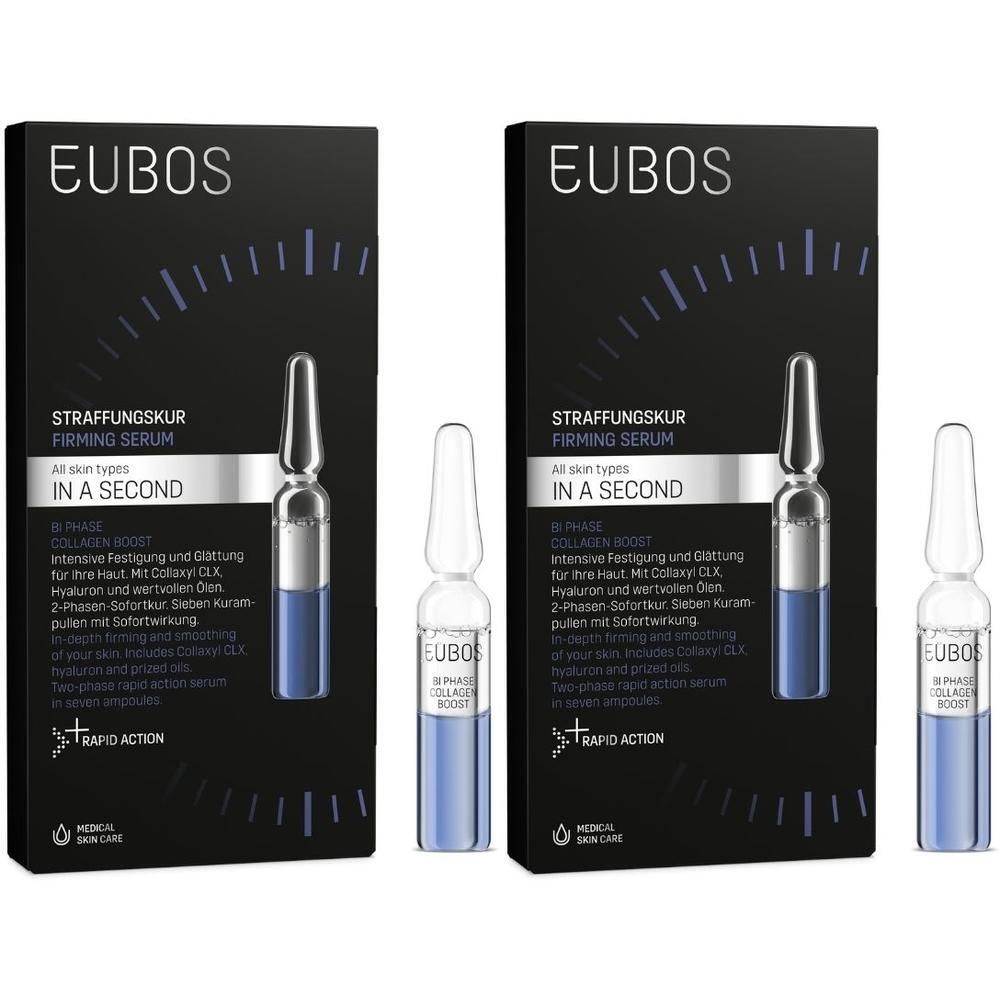 Zwei Schachteln mit Ampullen. Aufschrift: EUBOS, IN A SECOND, Straffungsskur. Eine Ampulle mit blauer Flüssigkeit.