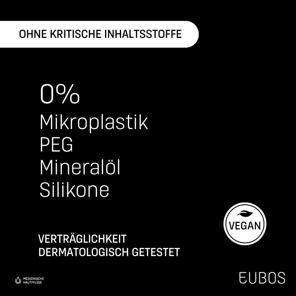 Text: Ohne kritische Inhaltsstoffe. 0% Mikroplastik, PEG, Mineralöl, Silikone. Vegan-Siegel. Dermatologisch getestet.