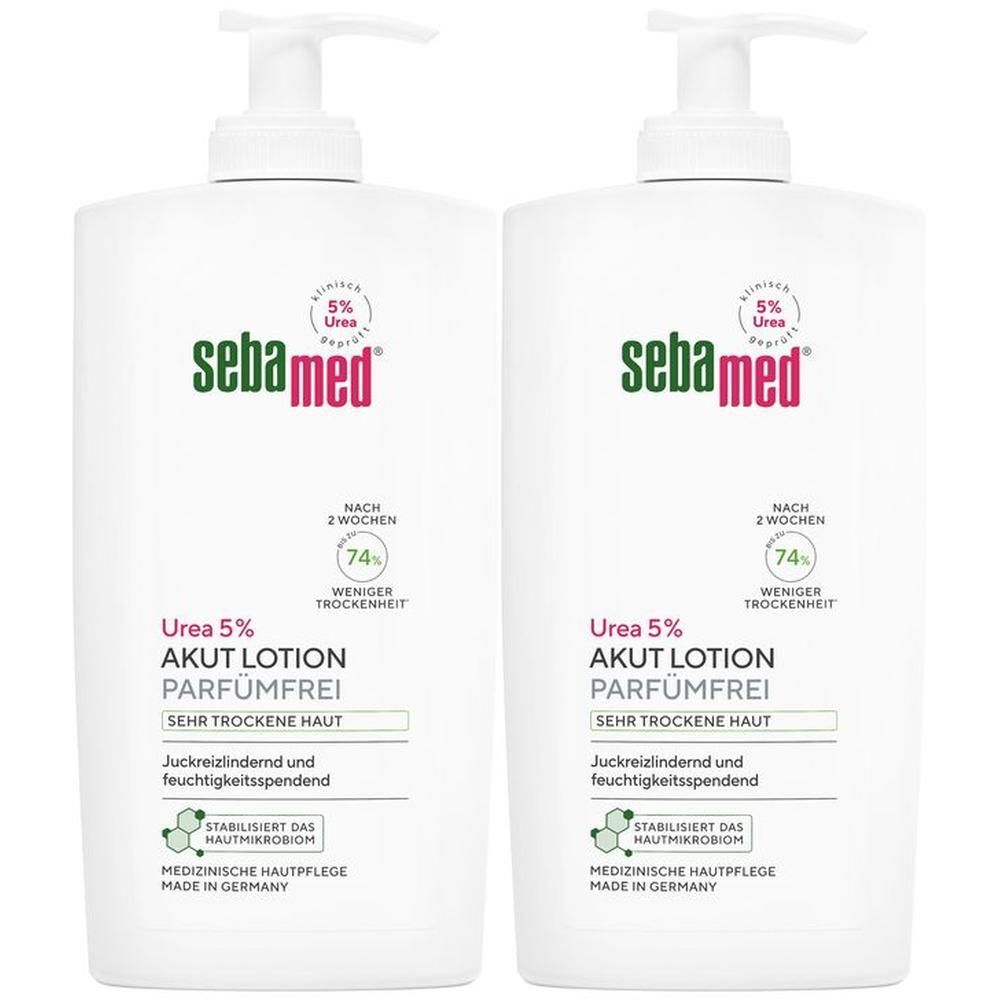 Zwei weiße Flaschen mit Spender. Aufschrift: sebamed® Akut Lotion parfümfrei Urea 5%. Für sehr trockene Haut.