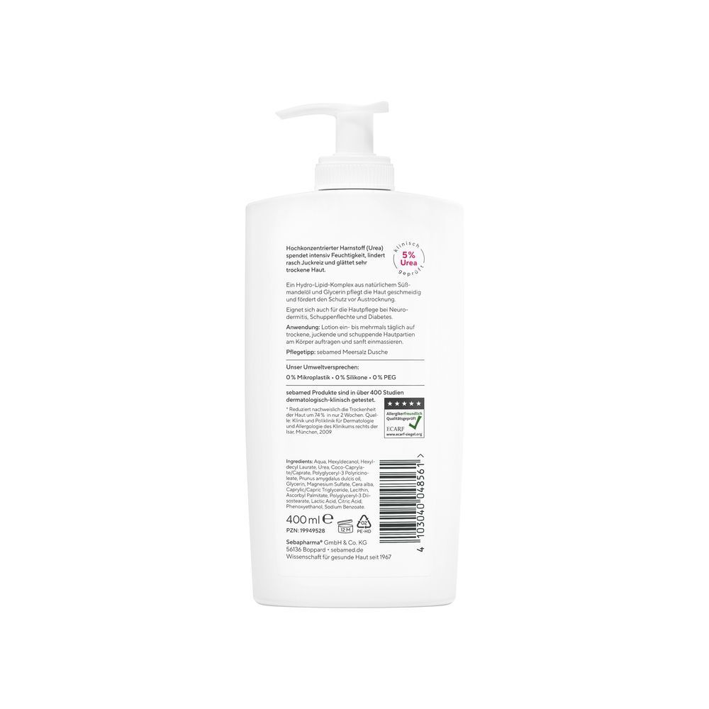 Weiße Flasche mit Spender. Rückseite mit Text und Informationen. Aufschrift: sebamed® Akut Lotion parfümfrei Urea 5%.