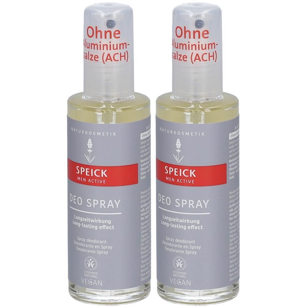 Zwei Deosprays mit Sprühkopf. Aufschrift: SPEICK MEN ACTIVE DEO SPRAY. Ohne Aluminiumsalze. Vegan. Langzeitwirkung.