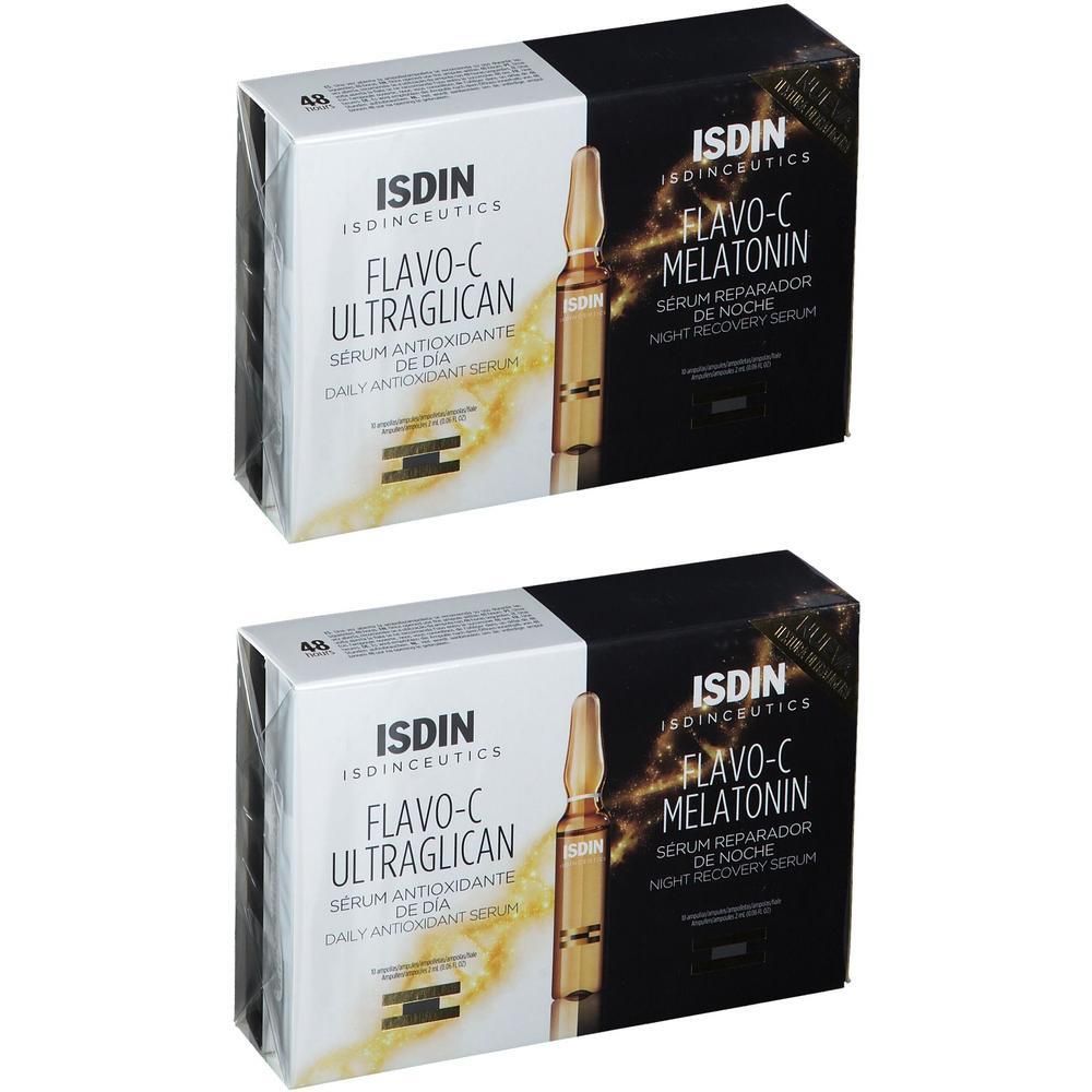 Zwei Schachteln mit ISDINCEUTICS Flavo-C-Ultraglican und Melatonin Serum. Beide zeigen Ampullen. Text: Serum Antioxidante de Dia, Serum Reparador de Noche.