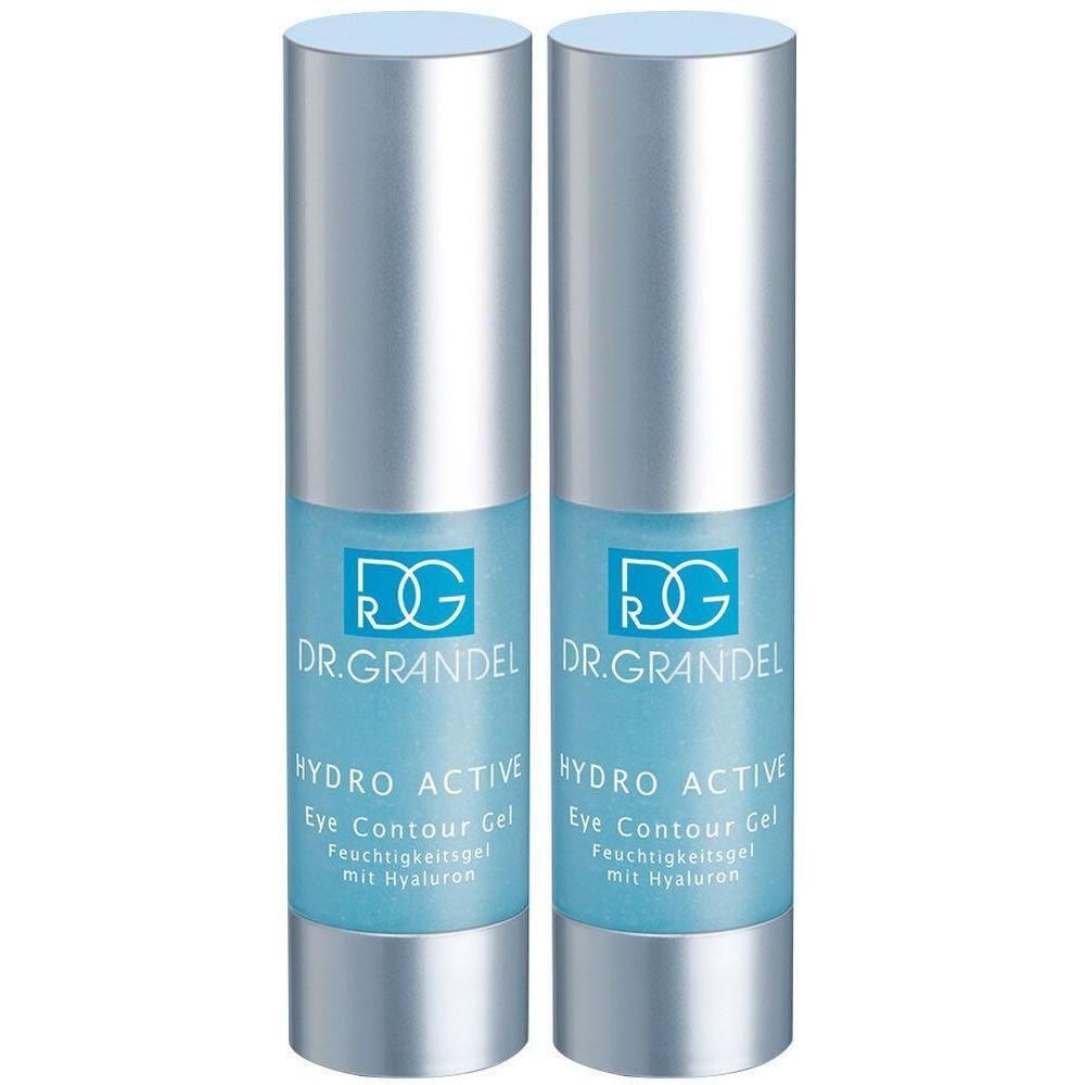 Zwei zylindrische Flaschen. Aufschrift: DR. GRANDEL, HYDRO ACTIVE Eye Contour Gel. Blaue Flüssigkeit sichtbar. Silberne Kappen.