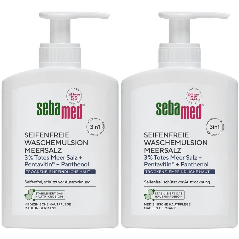 Zwei weiße Flaschen mit Pumpverschluss. Aufschrift: sebamed, pH 5.5, 3in1. Text: Seifenfreie Wasch-Emulsion Meersalz. Für trockene, empfindliche Haut.