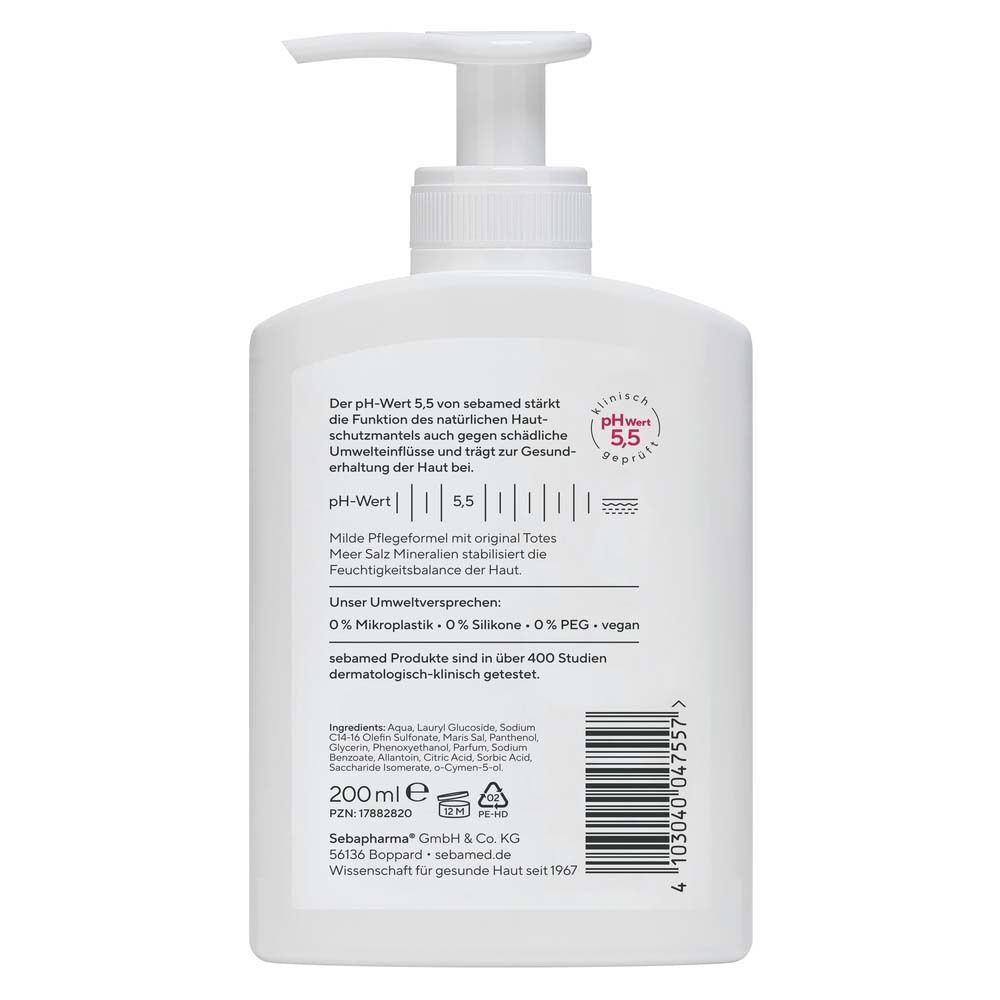 Weiße Flasche mit Pumpverschluss. Rückseite mit Text und Barcode. Text: pH-Wert 5,5. Inhaltsstoffe und Herstellerangaben. 200ml.
