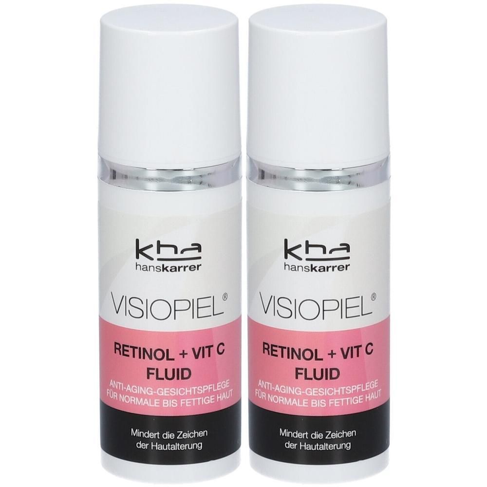 Zwei Flaschen VISIOPIEL® Retinol + Vit C Fluid. Weiße Flaschen mit silbernen Ringen und weißen Deckeln. Rosa Etikett mit Text.