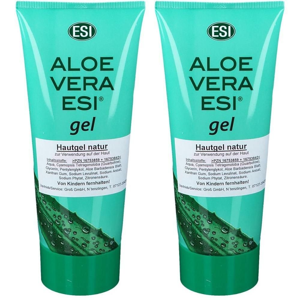 Zwei Tuben Aloe Vera Gel. Türkisgrüne Tuben mit weißer Schrift. ESI Logo oben. Text: Aloe Vera ESI gel, Hautgel natur.