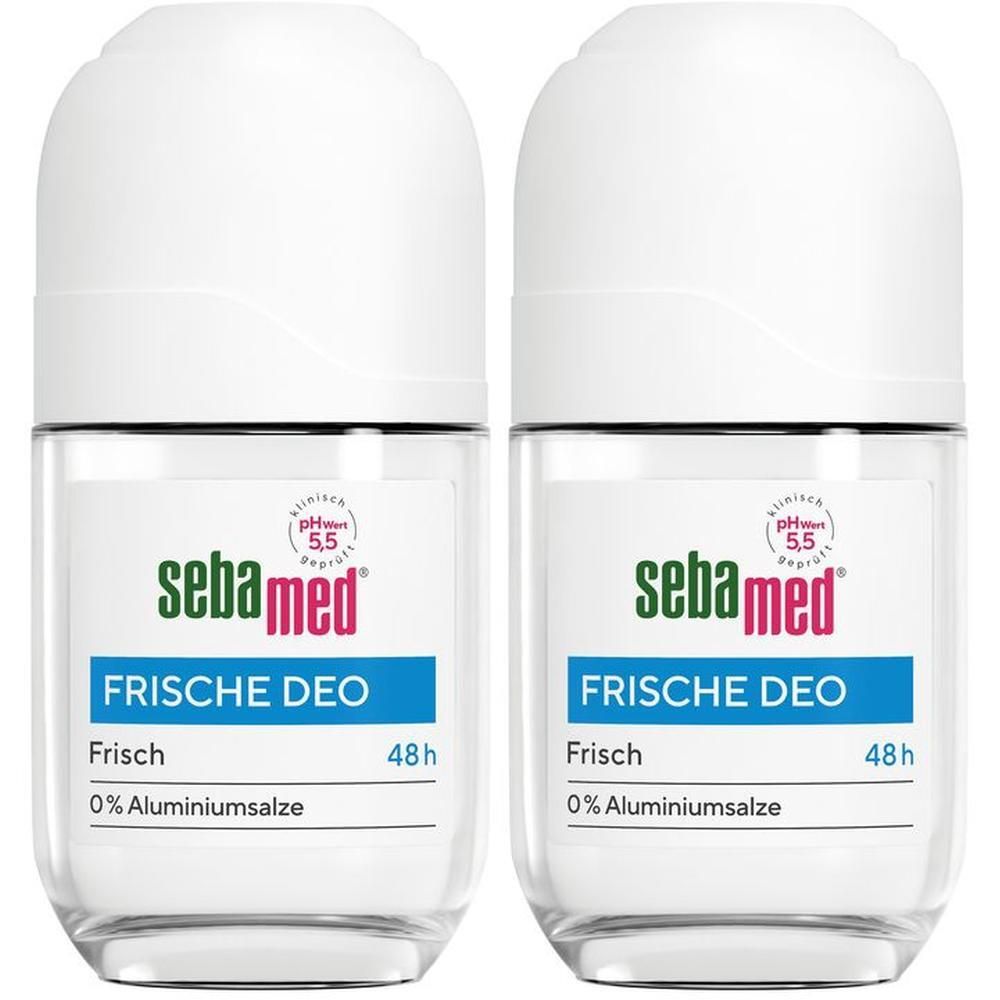 Zwei Roll-on-Deodorants. Klare Flaschen mit weißem Deckel. Aufschrift: sebamed, Frische Deo, 0% Aluminiumsalze, pH 5,5.
