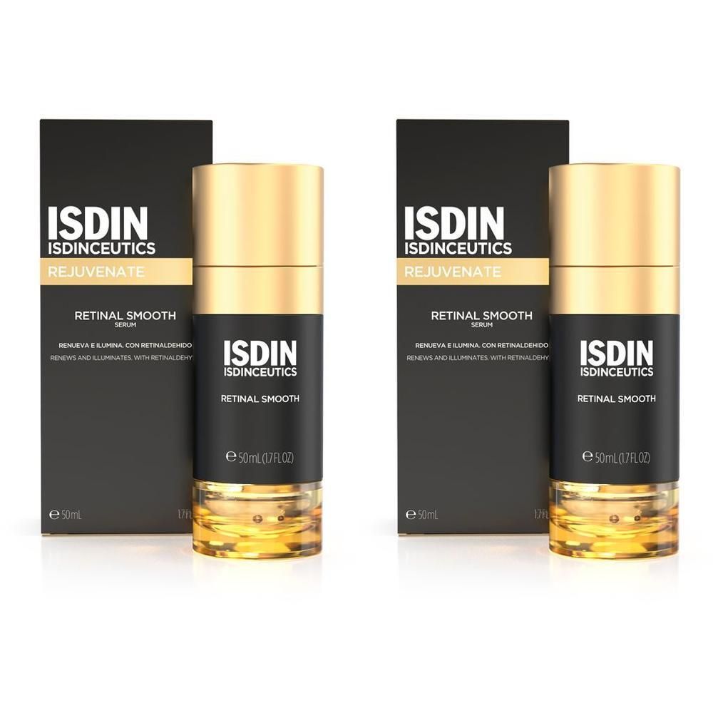 Zwei Flaschen ISDIN Isdinceutics Retinal Smooth Serum mit Verpackung. Schwarze Schachtel mit Produktnamen und Logo.