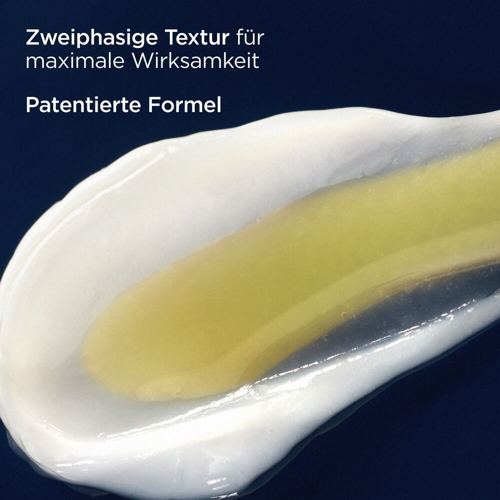 Nahaufnahme von Serum. Zweiphasige Textur. Patentierte Formel. Weiße und gelbe Flüssigkeit.