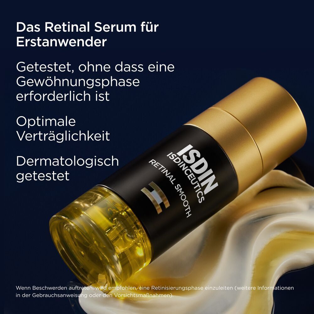 ISDIN Isdinceutics Retinal Smooth Serum. Goldene Flasche. Text: Dermatologisch getestet. Für Erstanwender.