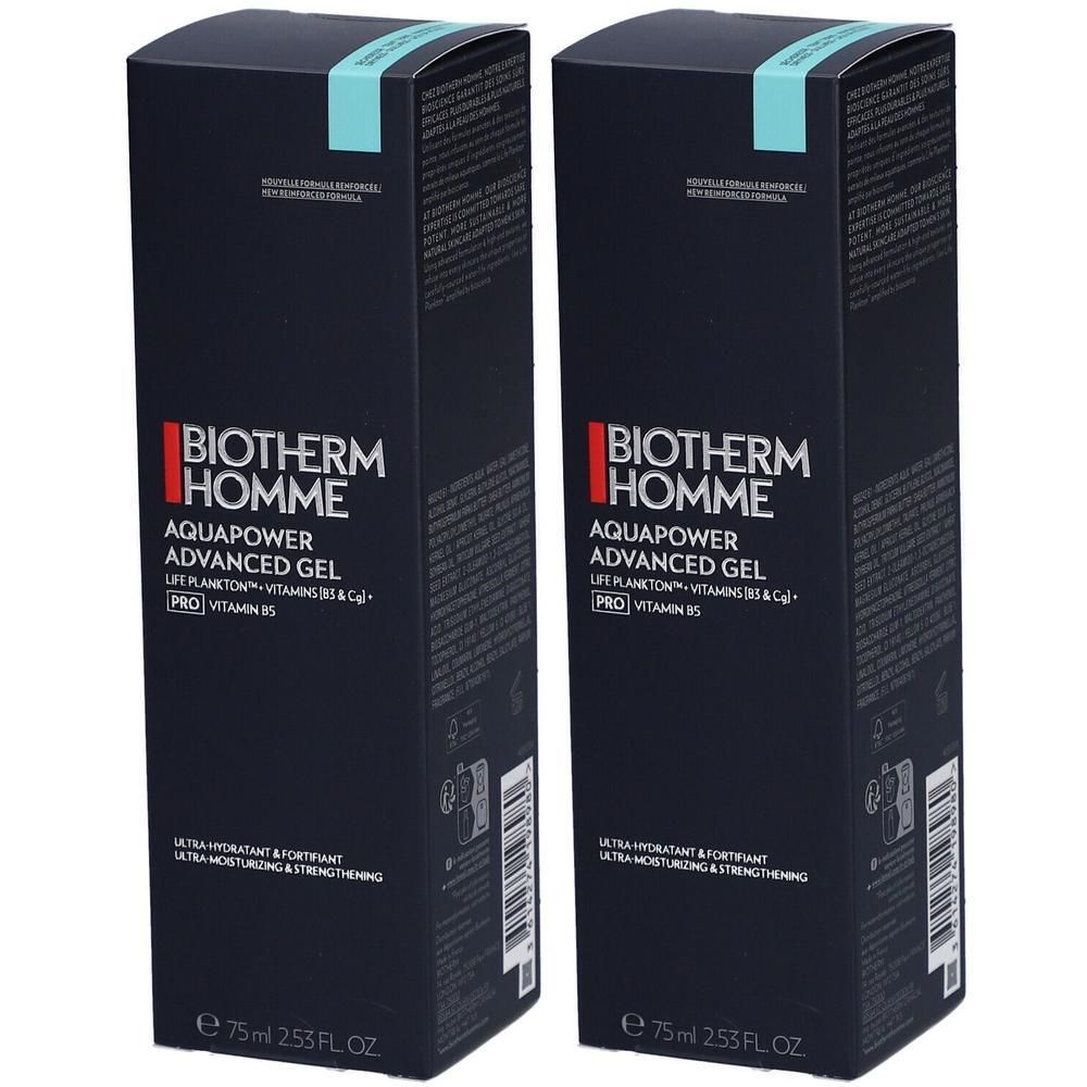 Zwei schwarze Schachteln mit BIOTHERM HOMME AQUAPOWER ADVANCED GEL. Türkisfarbener Streifen oben. Text: Ultra hydratant & fortifiant.
