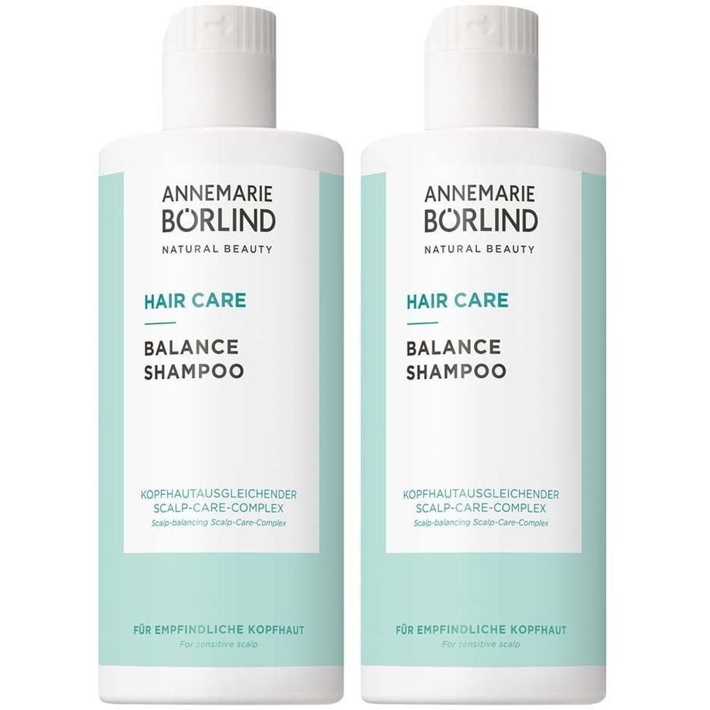 Zwei Flaschen BÖRLIND Balance Shampoo. Weißer Deckel, hellblaue Etiketten mit Produktnamen und Logo. Für empfindliche Kopfhaut.