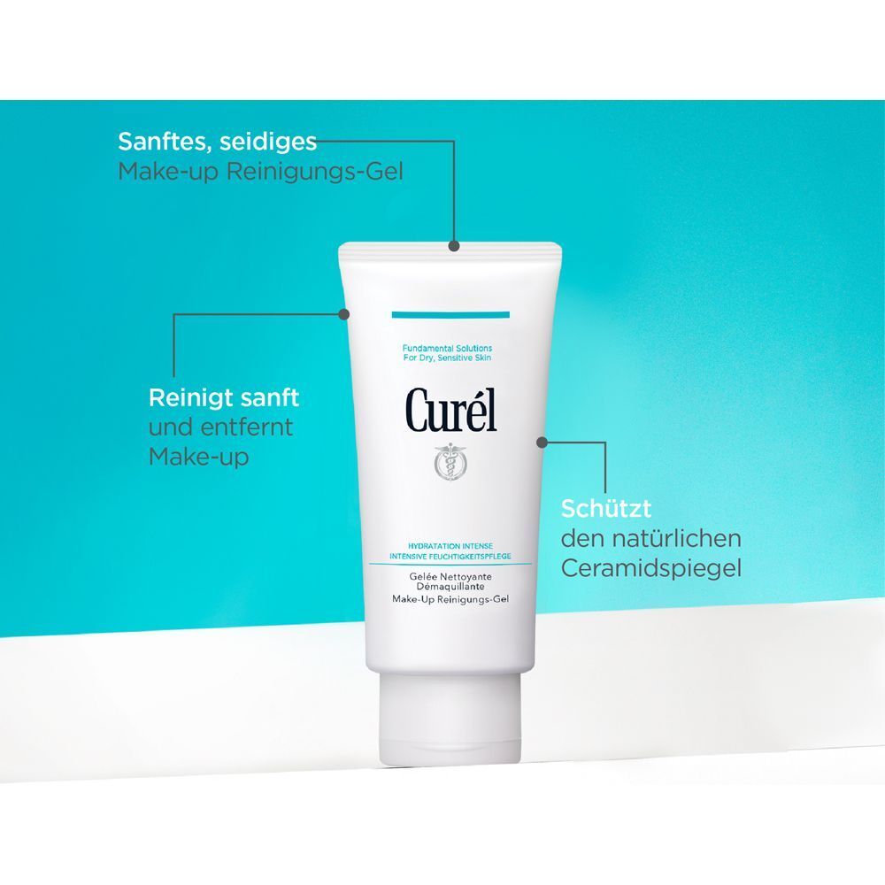 Weiße Tube Curél Make-Up Reinigungs-Gel. Text: Curél, Make-Up Reinigungs-Gel. Blaue Akzente. Pfeile zeigen auf Text.