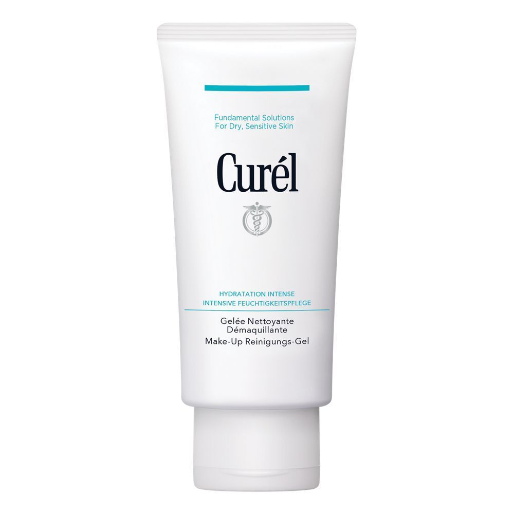 Weiße Tube Curél Make-Up Reinigungs-Gel. Text: Curél, Make-Up Reinigungs-Gel. Blaue Linie oben.