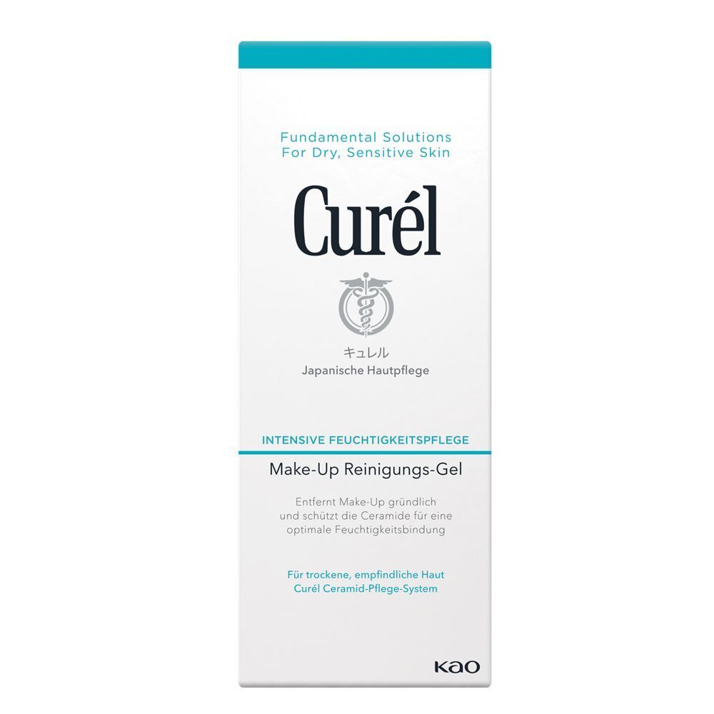 Verpackung Curél Make-Up Reinigungs-Gel. Weiß mit blauen Akzenten. Text: Curél, Make-Up Reinigungs-Gel. Japanische Hautpflege.