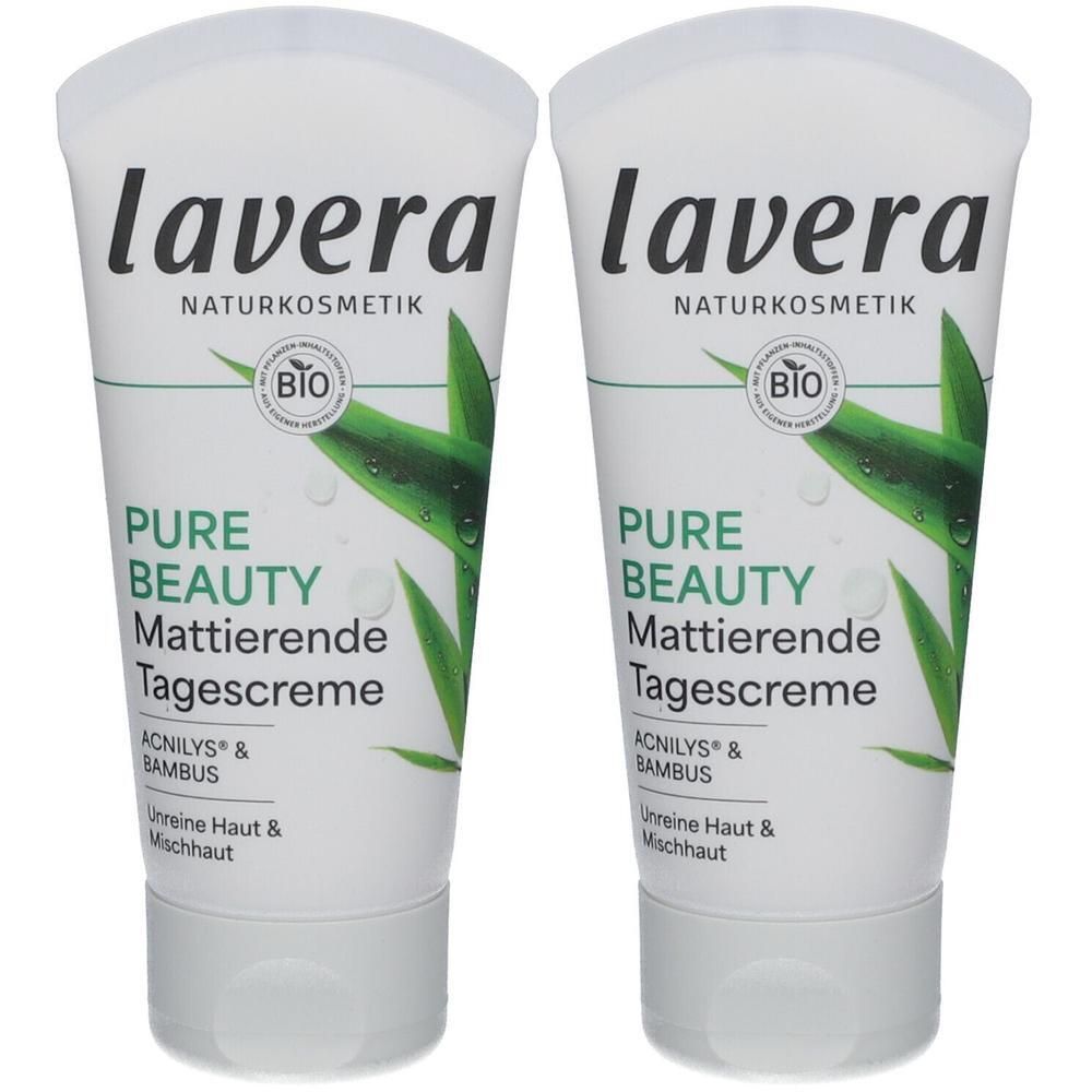 Zwei Tuben lavera Pure Beauty Tagescreme. Weiß, mit grünen Blättern und Schriftzug. Bio-Siegel.