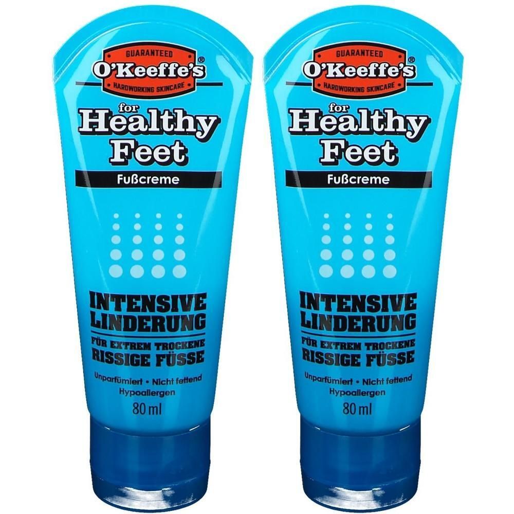 Zwei blaue Tuben mit O'Keeffe's Healthy Feet Fußcreme. Aufschrift: Intensive Linderung für extrem trockene, rissige Füße. 80 ml.