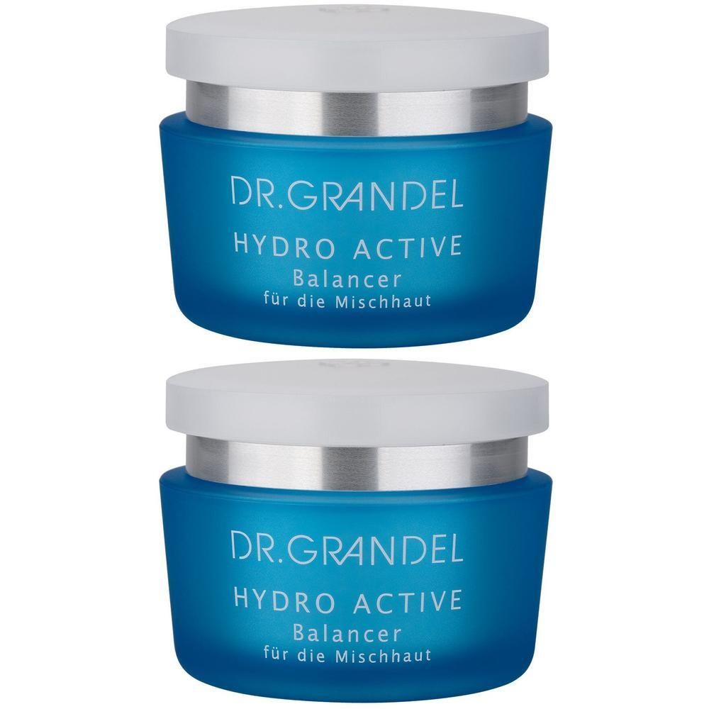Zwei blaue Tiegel mit weißem Deckel. Aufschrift: DR. GRANDEL HYDRO ACTIVE Balancer für die Mischhaut.