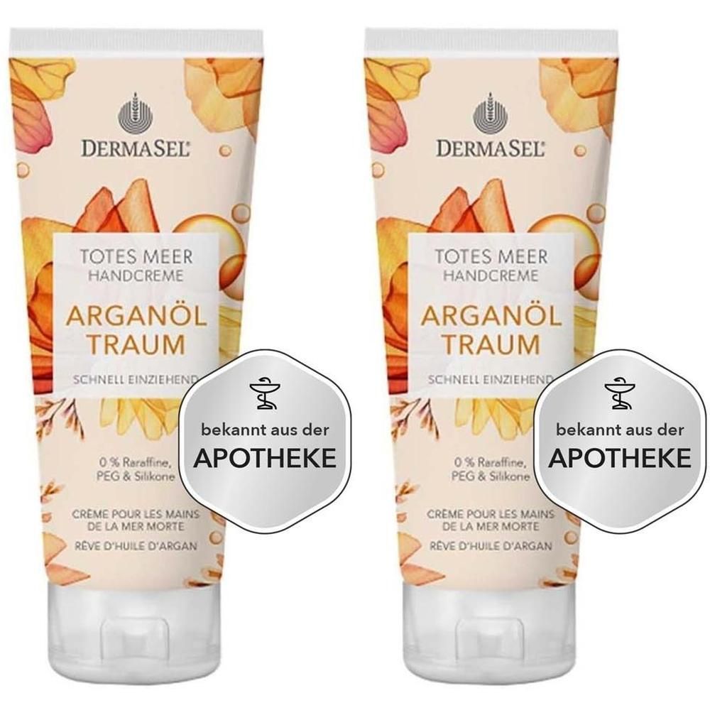 Zwei Tuben Handcreme. Aufschrift: Totes Meer Handcreme, Arganöl Traum. Mit Apotheken-Siegel.