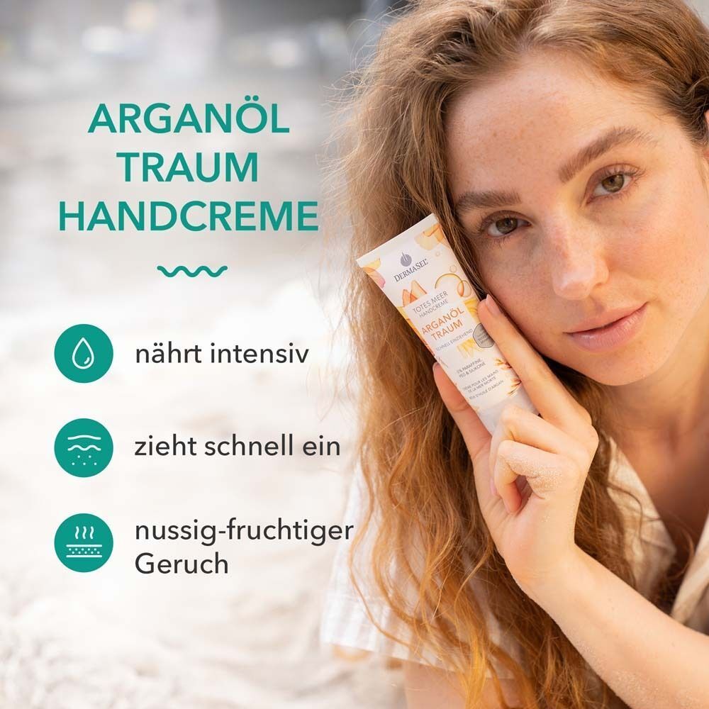 Frau hält eine Tube Handcreme. Aufschrift: Arganöl Traum Handcreme. Text: nährt intensiv, zieht schnell ein, nussig-fruchtiger Geruch.