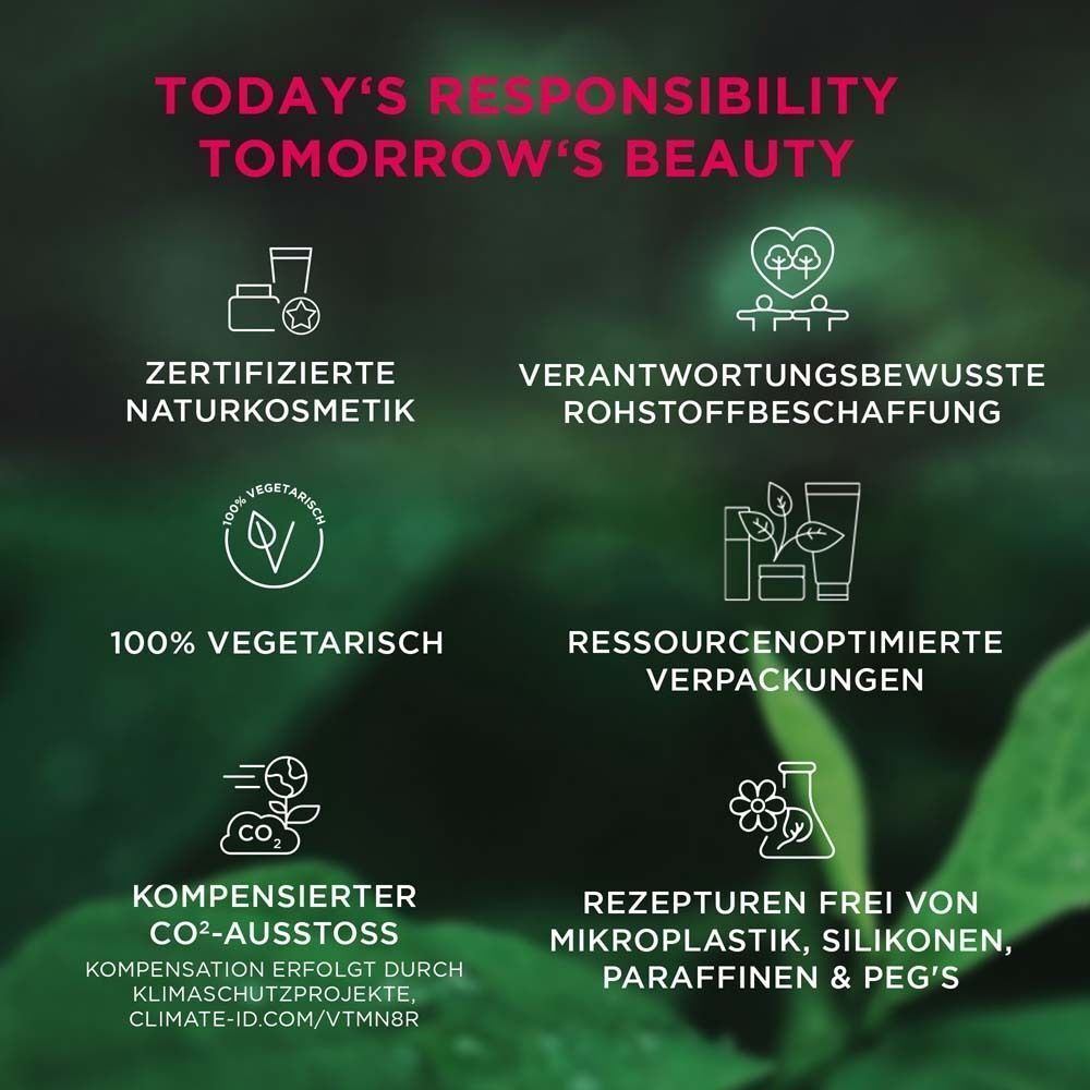 Zertifizierte Naturkosmetik, verantwortungsbewusste Rohstoffbeschaffung, 100% vegetarisch, ressourcenoptimierte Verpackungen, kompensierter CO2-Ausstoß, Rezepturen frei von Mikroplastik, Silikonen, Paraffinen & PEG's.