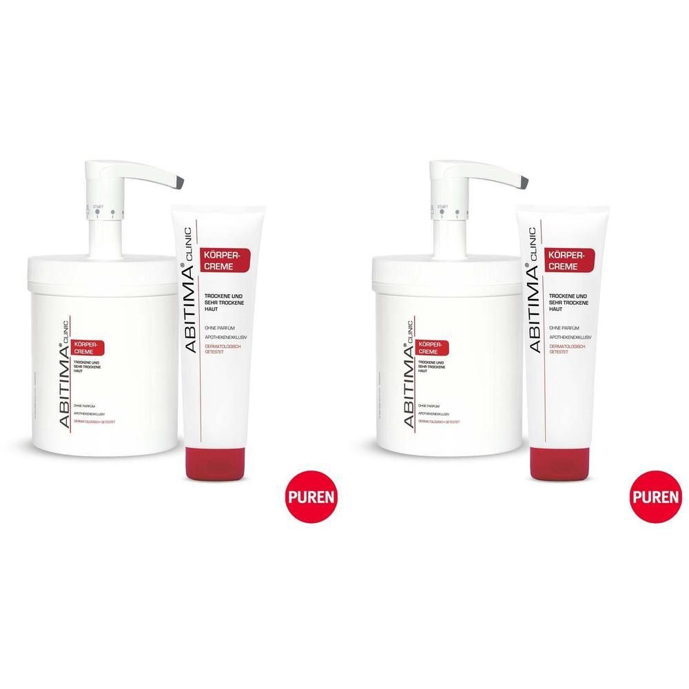 Zwei ABITIMA® CLINIC Körpercreme-Spender und eine Tube. Weißer Spender mit Dosierpumpe, Tube mit rotem Verschluss. PUREN-Logo.
