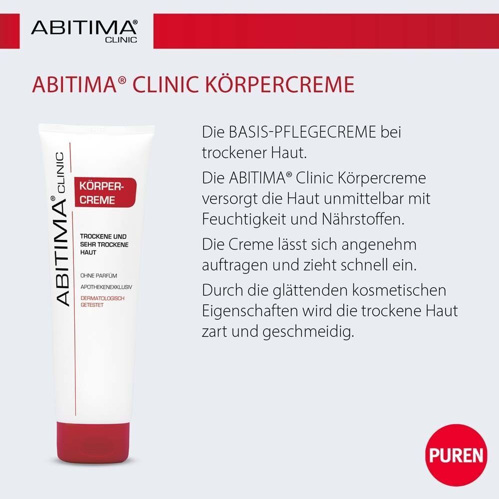 ABITIMA® CLINIC Körpercreme-Tube. Weißes Tubengehäuse mit rotem Verschluss. Text: Körpercreme, trockene und sehr trockene Haut. PUREN-Logo.