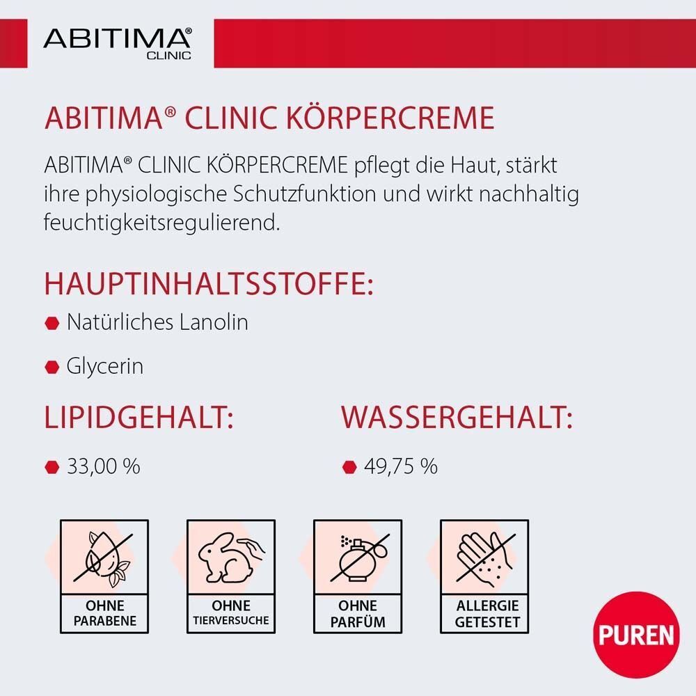 Text: ABITIMA® CLINIC Körpercreme. Inhaltsstoffe: Natürliches Lanolin, Glycerin. Logos: Ohne Parabene, Tierversuche, Parfum. PUREN-Logo.