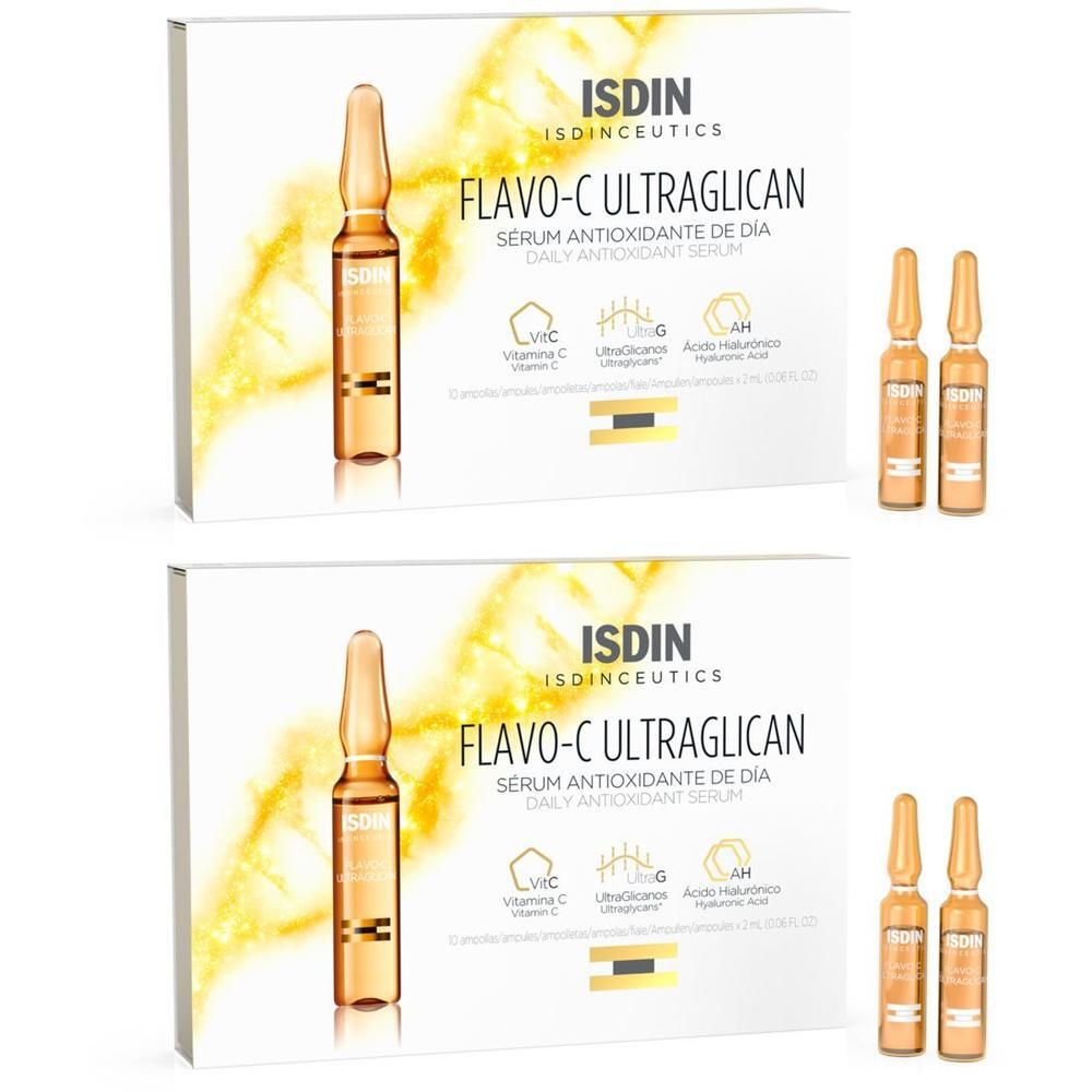 Zwei Produktverpackungen mit Ampullen. Aufschrift: ISDINCEUTICS® Flavo-C Ultraglican. Enthält Vitamin C und Hyaluronsäure.