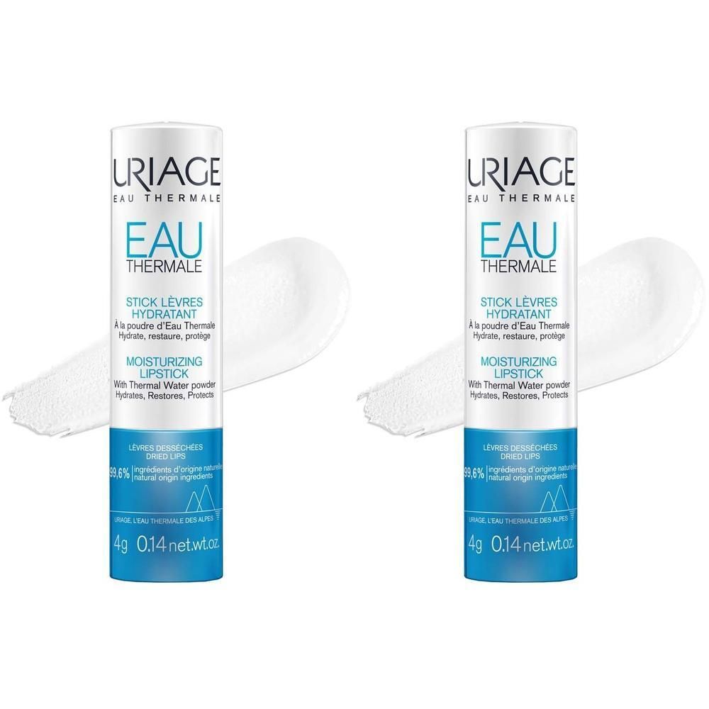Zwei Lippenpflegestifte mit weißem Ausstrich. Blaue und weiße Verpackung mit Text. Marke: URIAGE.