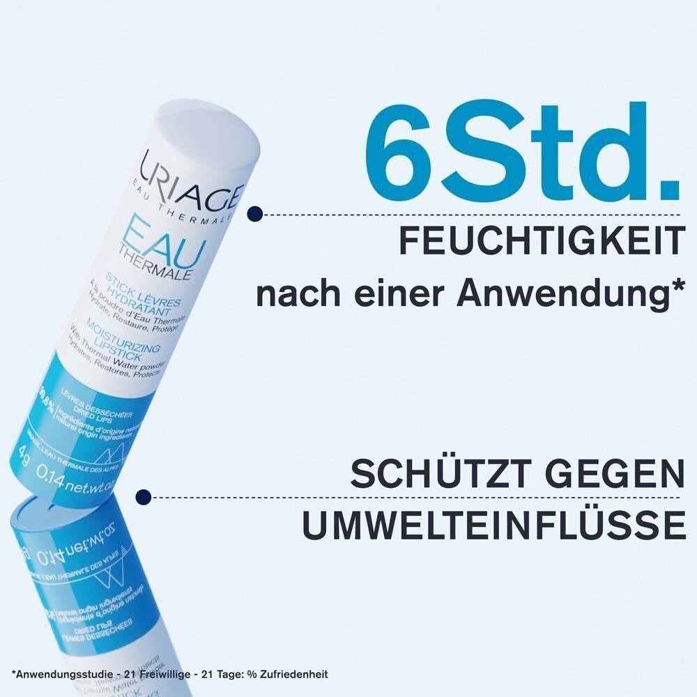 Lippenpflegestift mit Text. Text: 6 Std. Feuchtigkeit, schützt gegen Umwelteinflüsse. Marke: URIAGE.