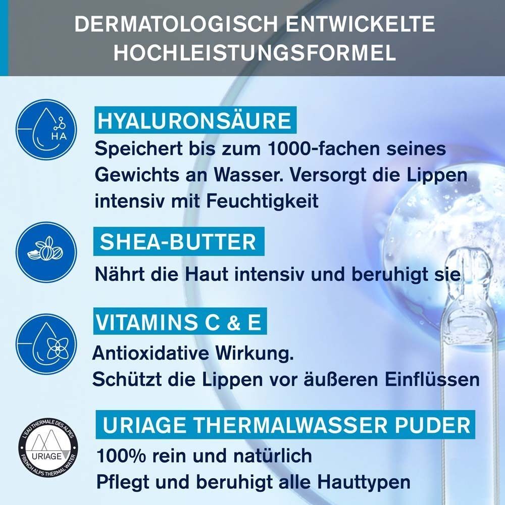 Infografik mit Inhaltsstoffen. Text: Hyaluronsäure, Sheabutter, Vitamine C & E, URIAGE Thermalwasser Puder.